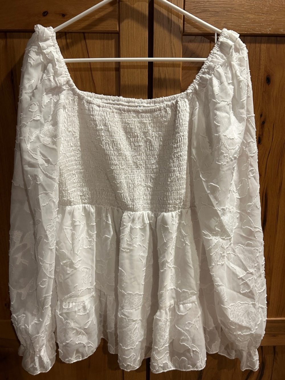 White Smocked Peasant Blouse with Textured Floral Embroidery